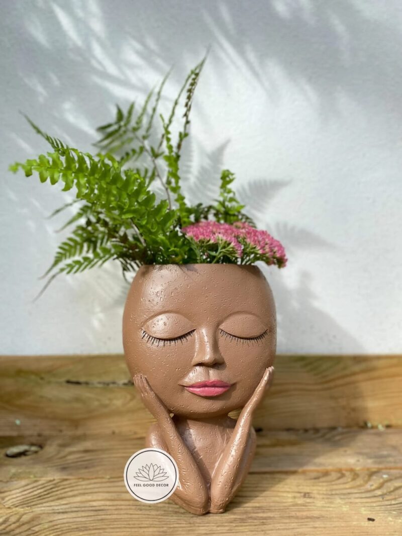 Small Gorgeous Brown Girl In Deep Thought Face Vase Planter