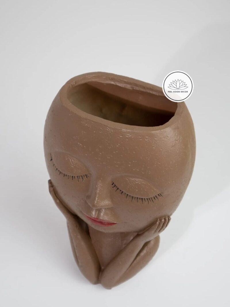 Small Gorgeous Brown Girl In Deep Thought Face Vase Planter