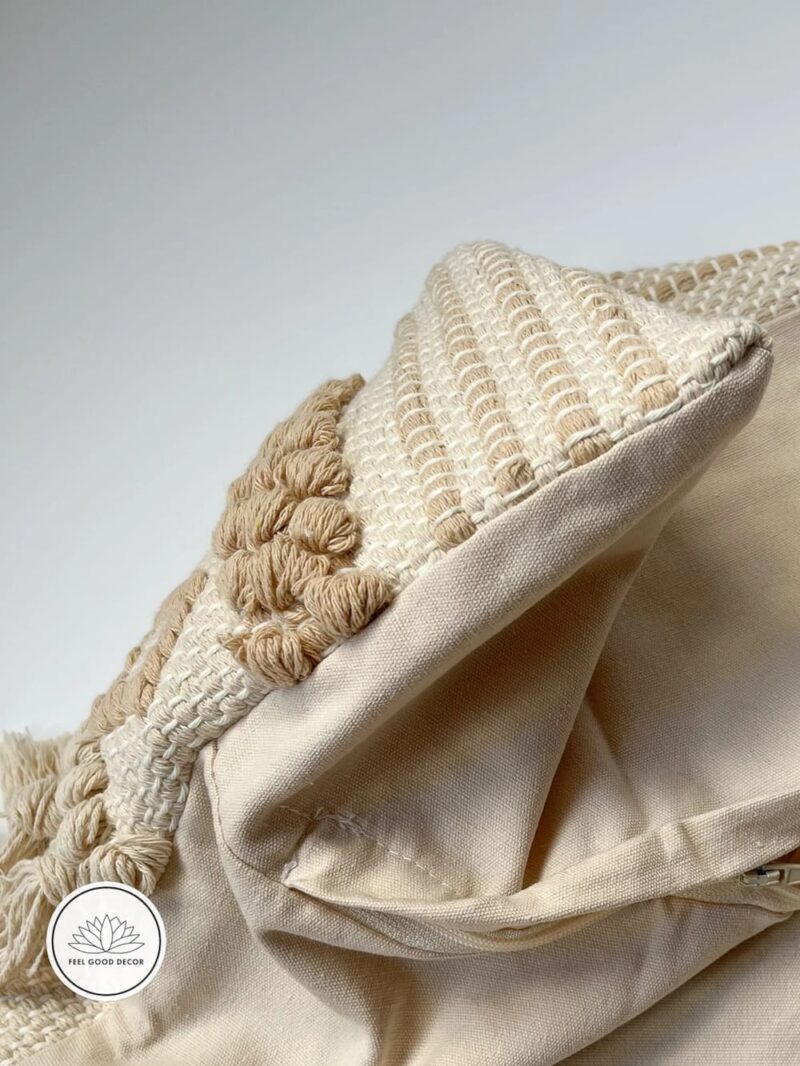 Beige Boho Handcrafted Tassel Knot Cotton linen Throw Pillow Cover-feel-good-decor