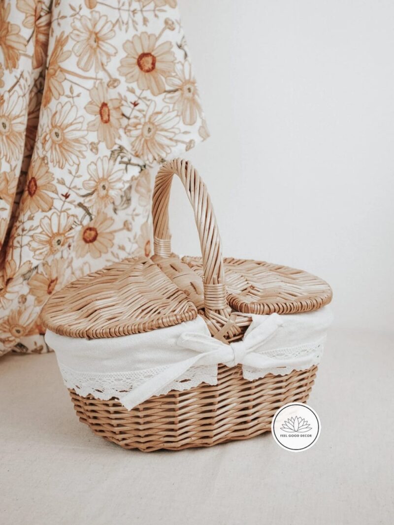 Handmade Small Lidded Wicker Rattan Kids Picnic Basket With Cotton Lining and Lace Trim-feel-good-decor