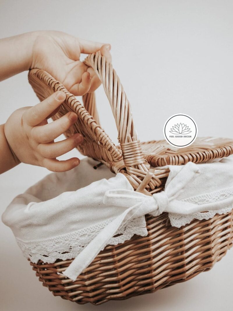 Handmade Small Lidded Wicker Rattan Kids Picnic Basket With Cotton Lining and Lace Trim-feel-good-decor