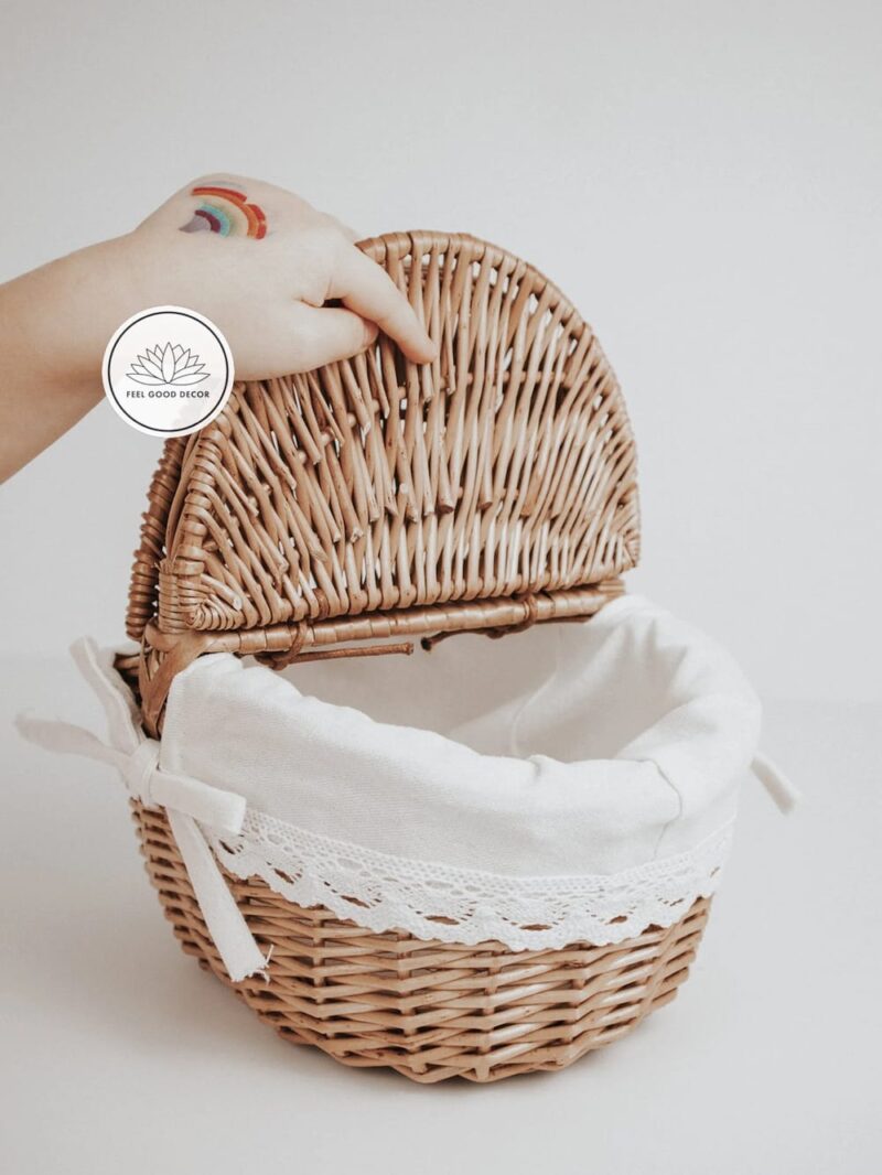 Handmade Small Lidded Wicker Rattan Kids Picnic Basket With Cotton Lining and Lace Trim-feel-good-decor