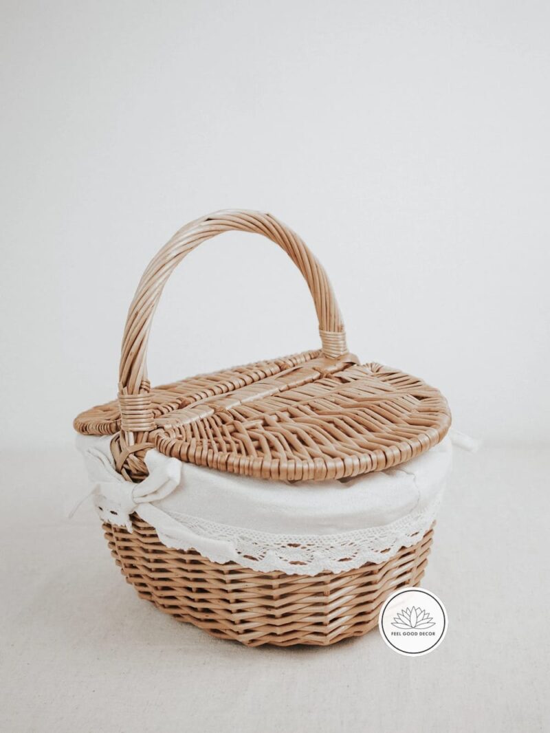 Handmade Small Lidded Wicker Rattan Kids Picnic Basket With Cotton Lining and Lace Trim-feel-good-decor