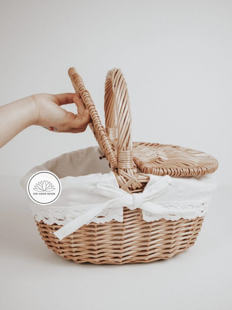 Handmade Small Lidded Wicker Rattan Kids Picnic Basket With Cotton Lining and Lace Trim-feel-good-decor