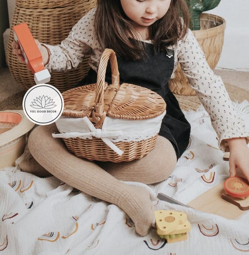 Handmade Small Lidded Wicker Rattan Kids Picnic Basket With Cotton Lining and Lace Trim-feel-good-decor