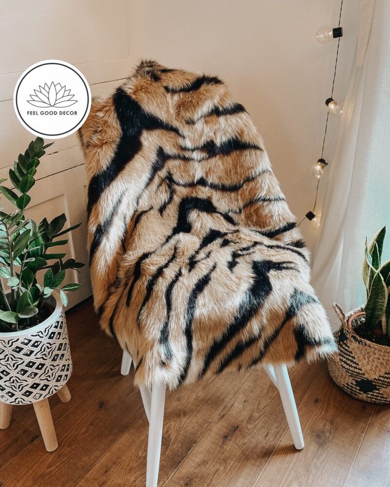 Luxe Faux Fur Tiger Print Chair Throw | Animal Print Round Area Rug Feel Good Decor