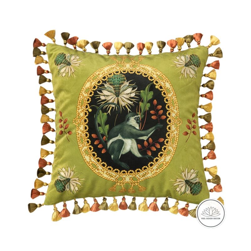 Luxe Rainforest Monkey Print Lime Green Velvet Throw Pillow Cover A