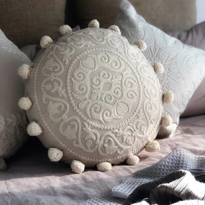 Retro Embroidered Round Cushion Pillow Cover With Pom Poms-feel-good-decor