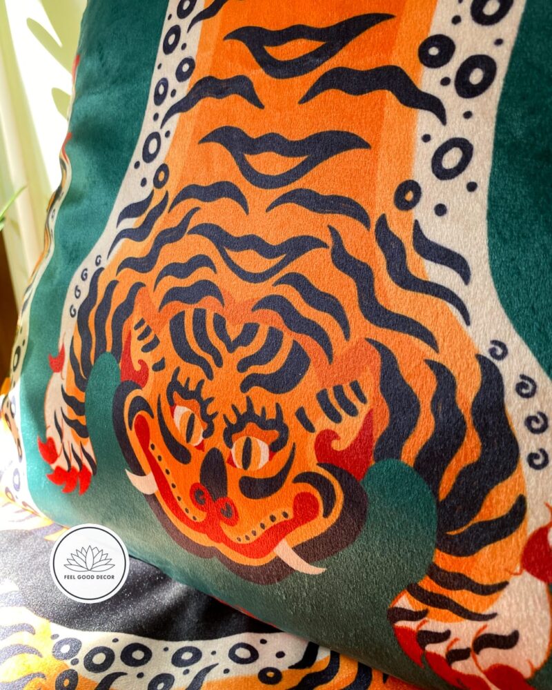 Vintage Tibetan Tiger Print Luxe Velvet Throw Pillow Cushion Cover-feel-good-decor-green