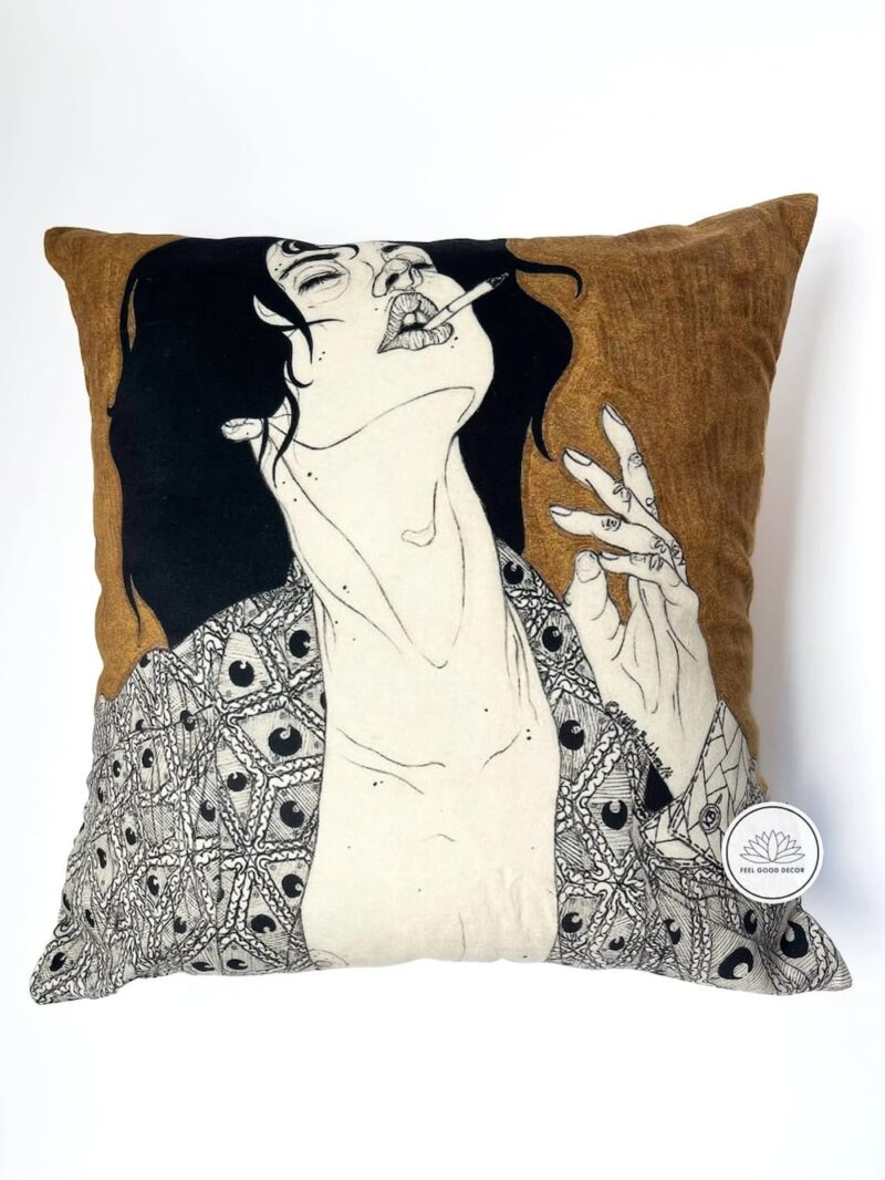 Woman With Cigarette Illustration Throw Pillow Cover-feel-good-decor
