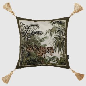 Retro olive green throw pillow cover featuring a tropical jungle leopard print on luxurious velvet fabric.