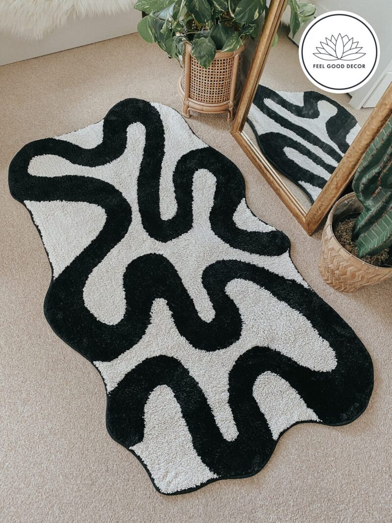 Modern Scandi Black and Off White Abstract Line Art Area Rug Feel Good Decor