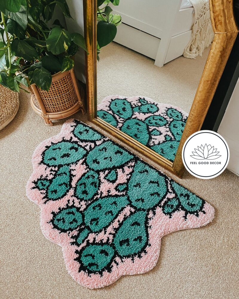 Tufted Cactus Motif Rug Pastel Pink and Green Bedside Mat Feel Good Decor