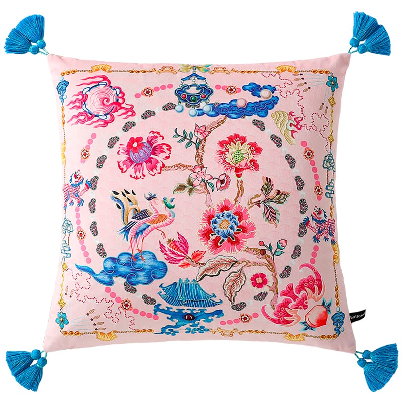 Apricot pink velvet pillow cover with oriental motifs including Qilin and blue tassels