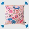 Apricot pink velvet pillow cover with oriental motifs including Qilin and blue tassels