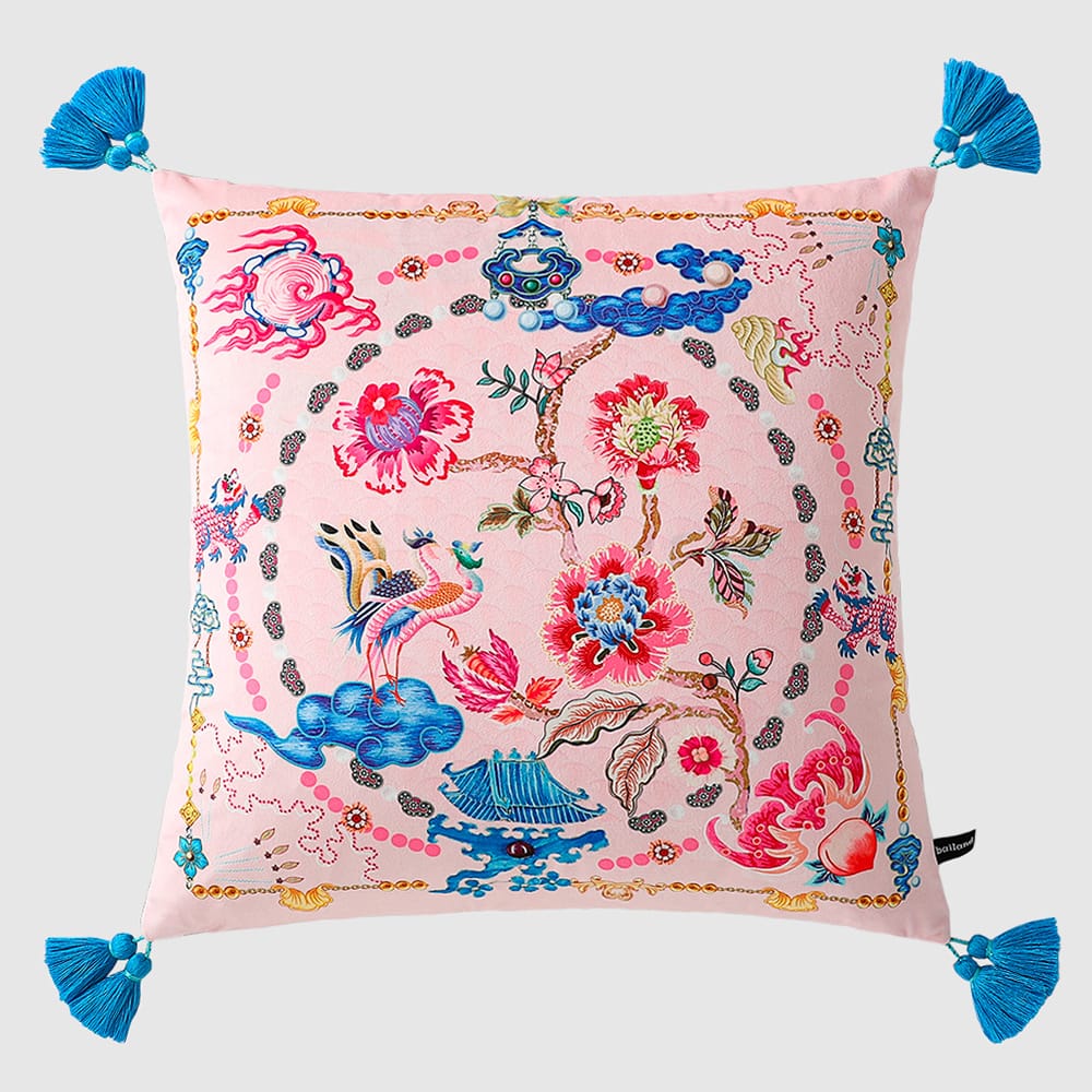 Apricot pink velvet pillow cover with oriental motifs including Qilin and blue tassels