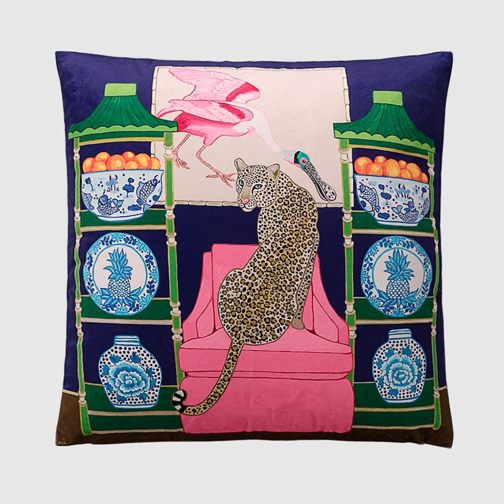 Retro Luxe Dark Blue Micro Velvet Cushion Pillow Cover – Jungle Leopard on Pink Sofa with Green Bamboo Shelves & Oriental Accents (No Filling)