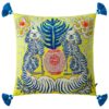 Lemon yellow velvet cushion pillow cover with Victorian spaniel dogs, red ceramic vase, and blue tassels.