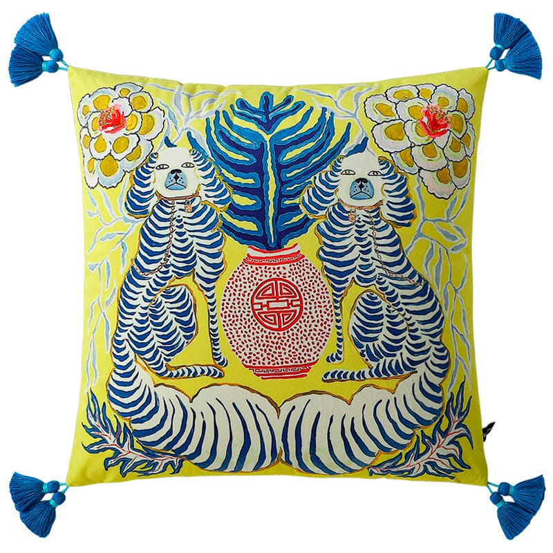 Lemon yellow velvet cushion pillow cover with Victorian spaniel dogs, red ceramic vase, and blue tassels.