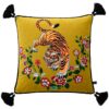 Mustard yellow velvet cushion cover with double-sided Bengal tiger print and black tassels