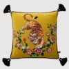 Mustard yellow velvet cushion cover with double-sided Bengal tiger print and black tassels