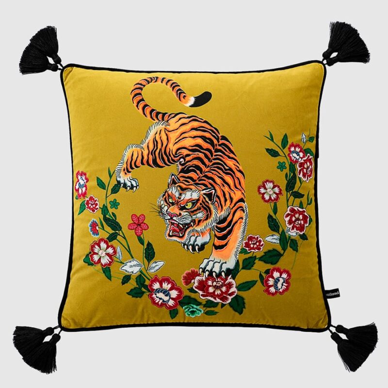 Mustard yellow velvet cushion cover with double-sided Bengal tiger print and black tassels