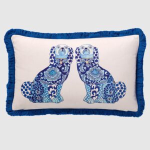 Off-white velvet lumbar pillow cushion cover with royal blue Victorian spaniel dogs and dark blue fringes
