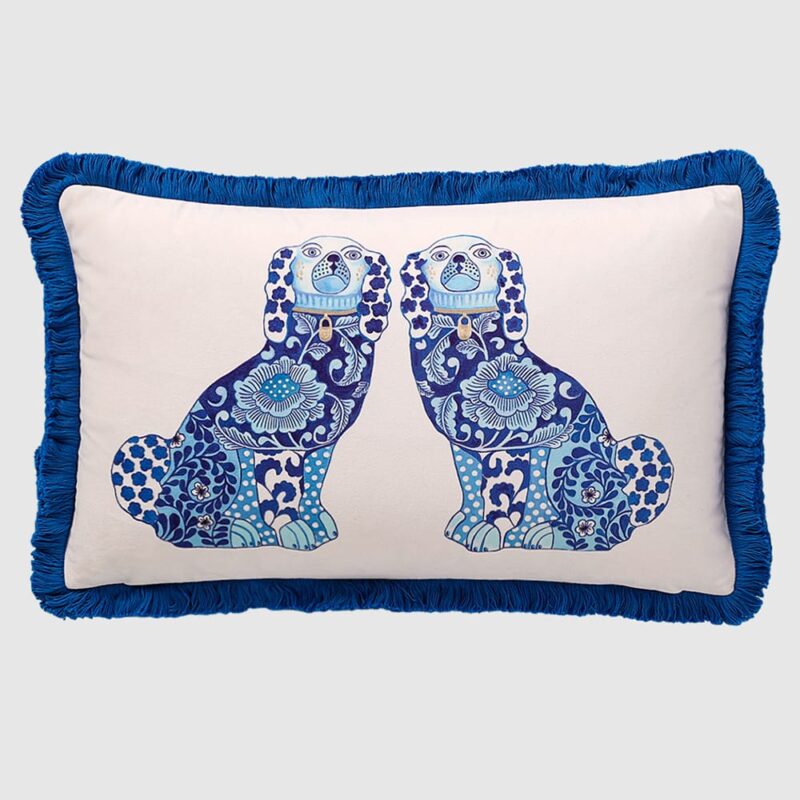 Off-white velvet lumbar pillow cushion cover with royal blue Victorian spaniel dogs and dark blue fringes