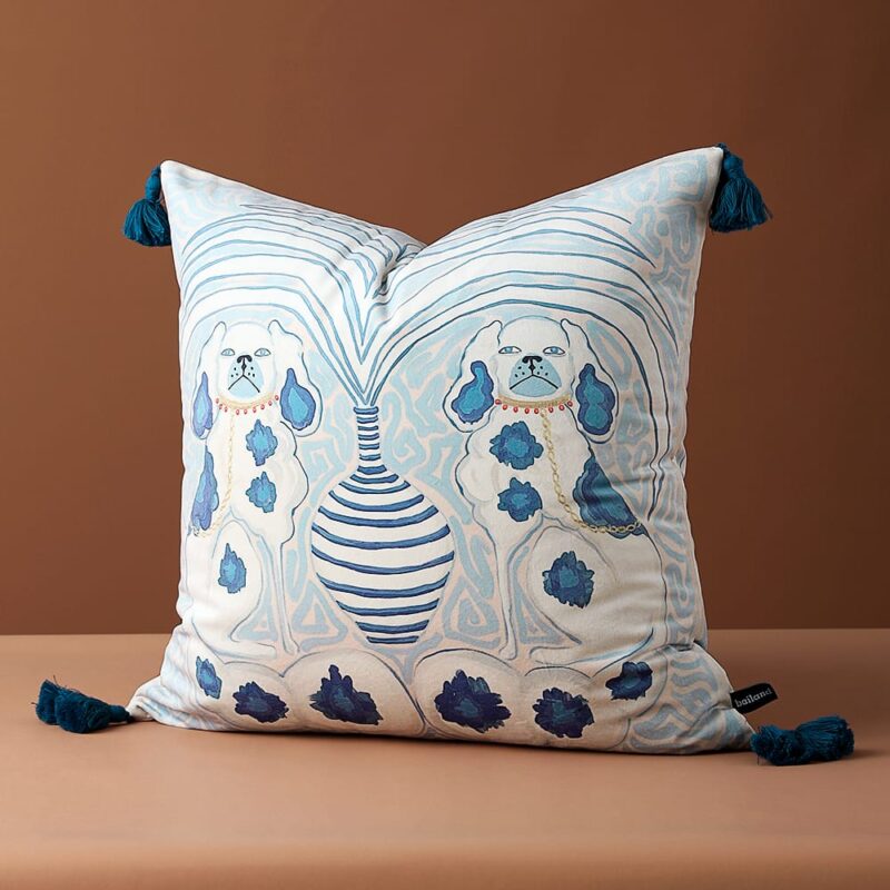 Velvet cushion pillow cover with organic light blue swirls, faded peach background, Victorian spaniel dogs, white-blue striped vase, and dark blue tassels