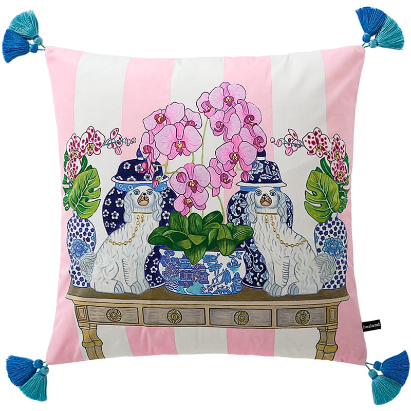 White & pink micro velvet cushion pillow cover with Staffordshire spaniel dogs, oriental vases featuring orchid flowers, and blue tassels.