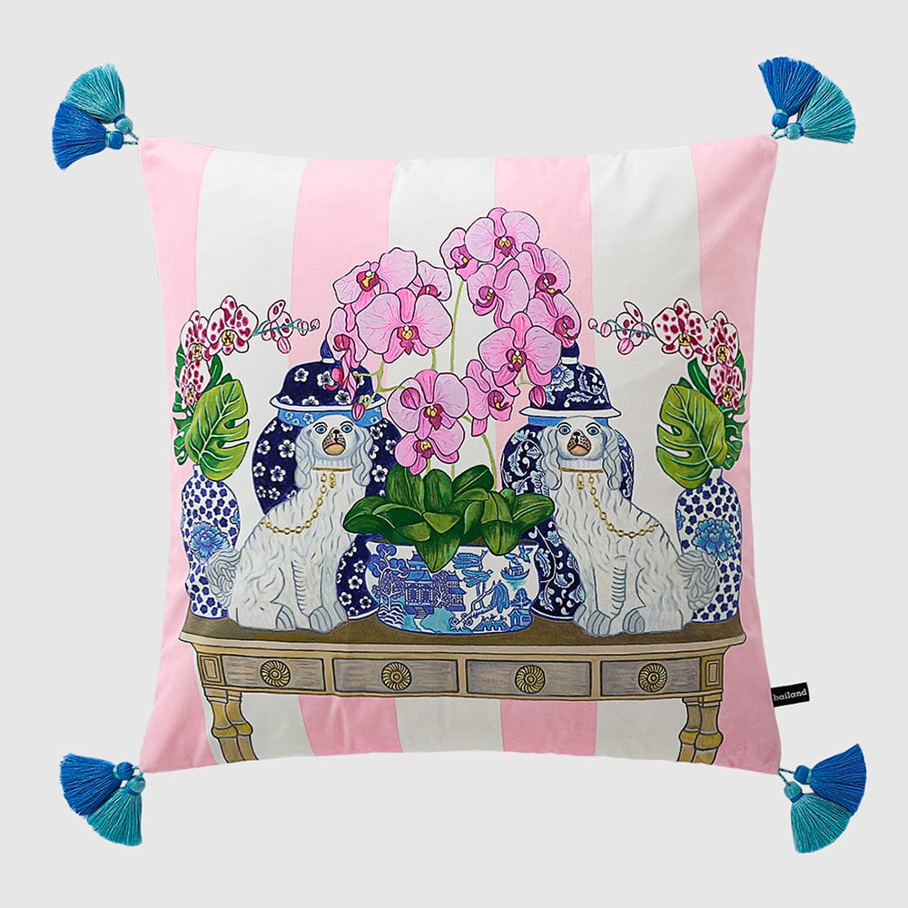 White & pink micro velvet cushion pillow cover with Staffordshire spaniel dogs, oriental vases featuring orchid flowers, and blue tassels.